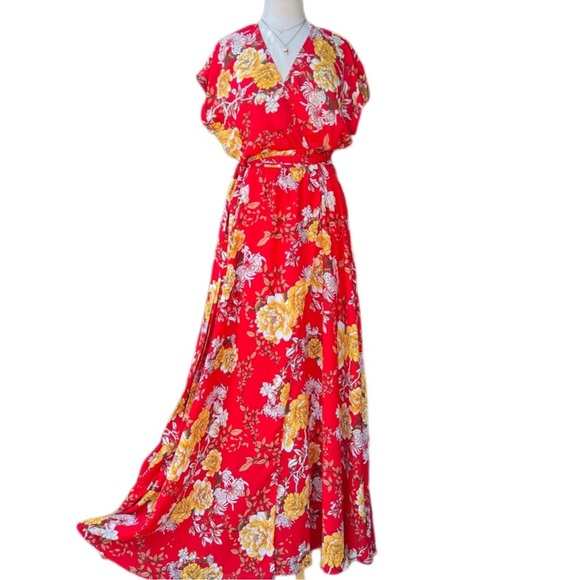 Meghan LA Dresses Red Floral Faux Wrap Maxi Dress By